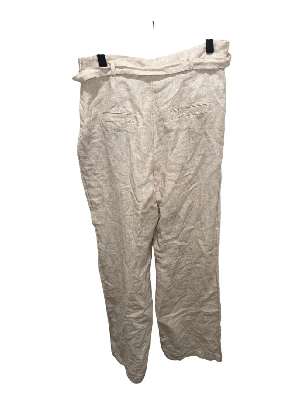 Mango MNG 100% Linen Beige High Rise Wide Leg Tie Waist Pants Medium